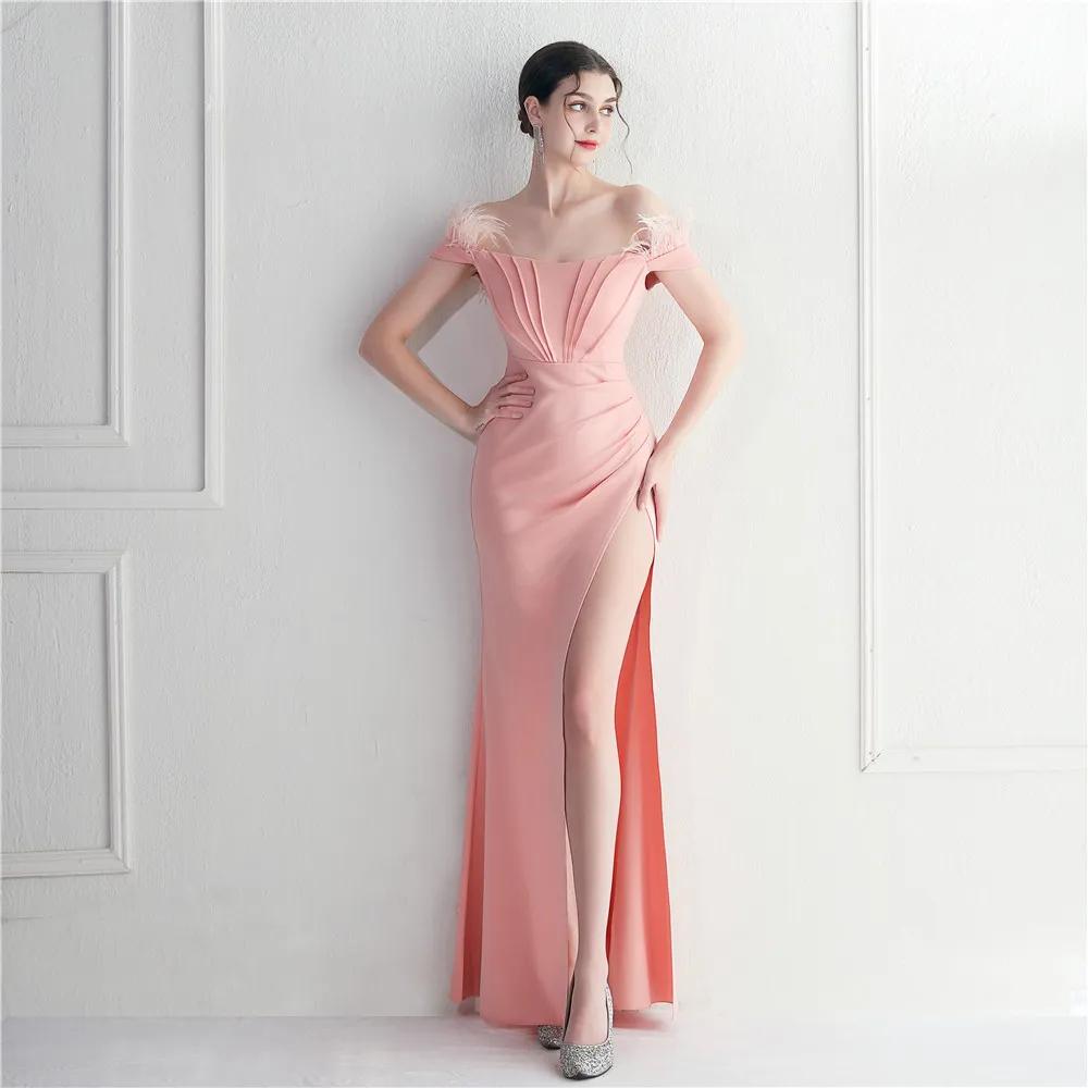 긴 핑크 무도회 드레스, 하이 슬릿 오프 숄더, 인어 웨딩 파티 가운, 2023 도매, 여성 새틴 정장 드레스